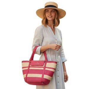 KATE SPADE Hot Pink Natural Striped Straw Raffia Bag W Shoulder Strap  R $228
